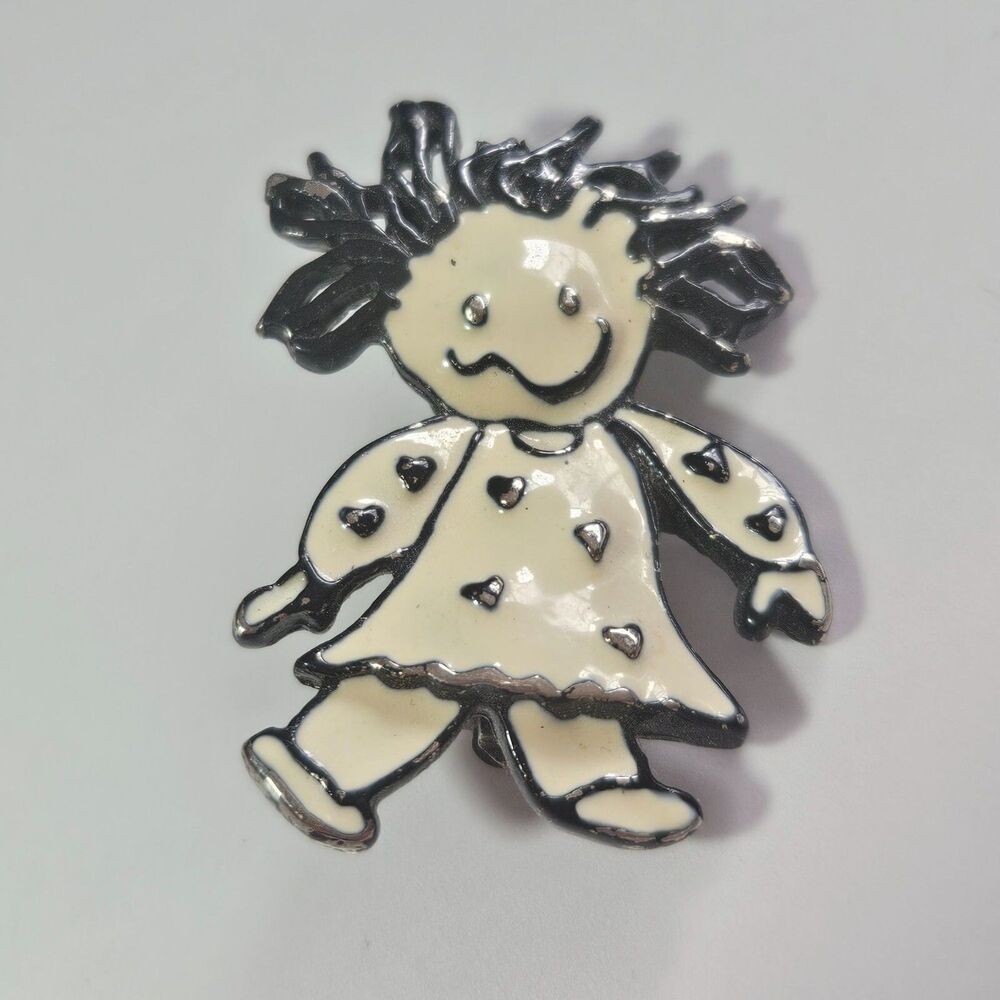 SFJ Raggedy Ann Brooch Silver Tone Cream Black Enamel Numbered